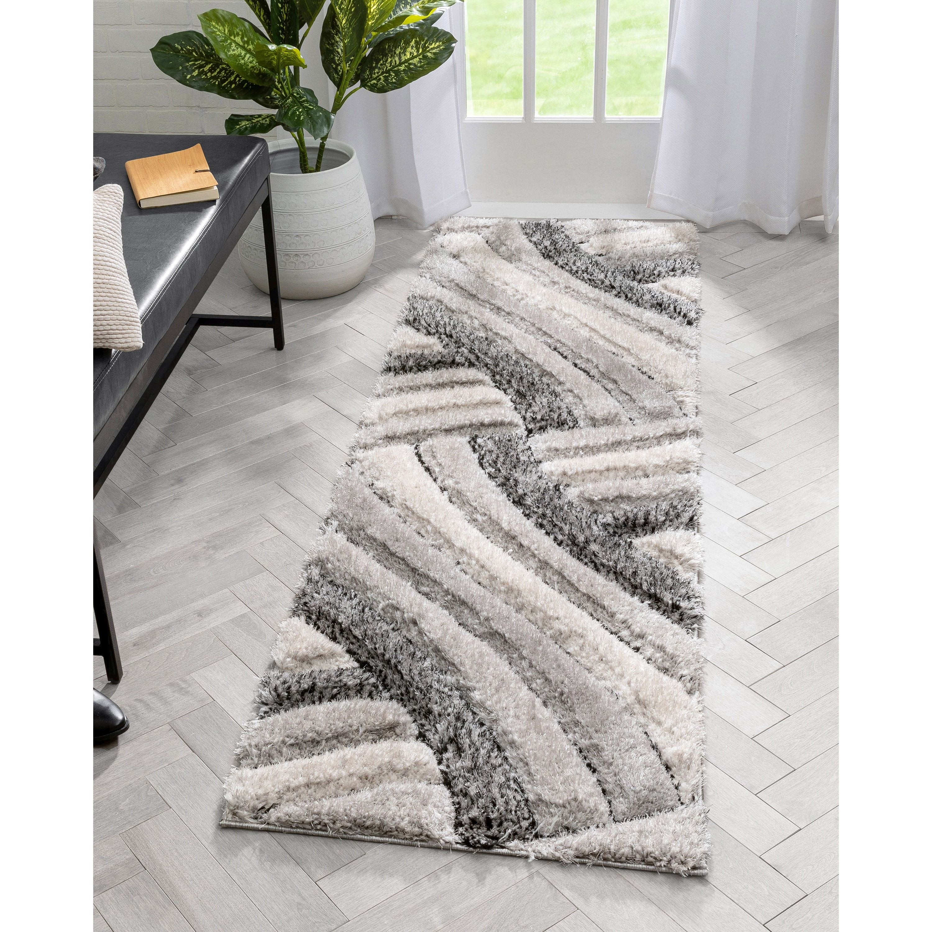 Well Woven Tilly Grey Geometric Stripes Thick Soft Plush 3D Textured Shag Area Rug