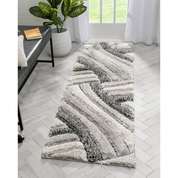 Well Woven Tilly Grey Geometric Stripes Thick Soft Plush 3D Textured Shag Area Rug