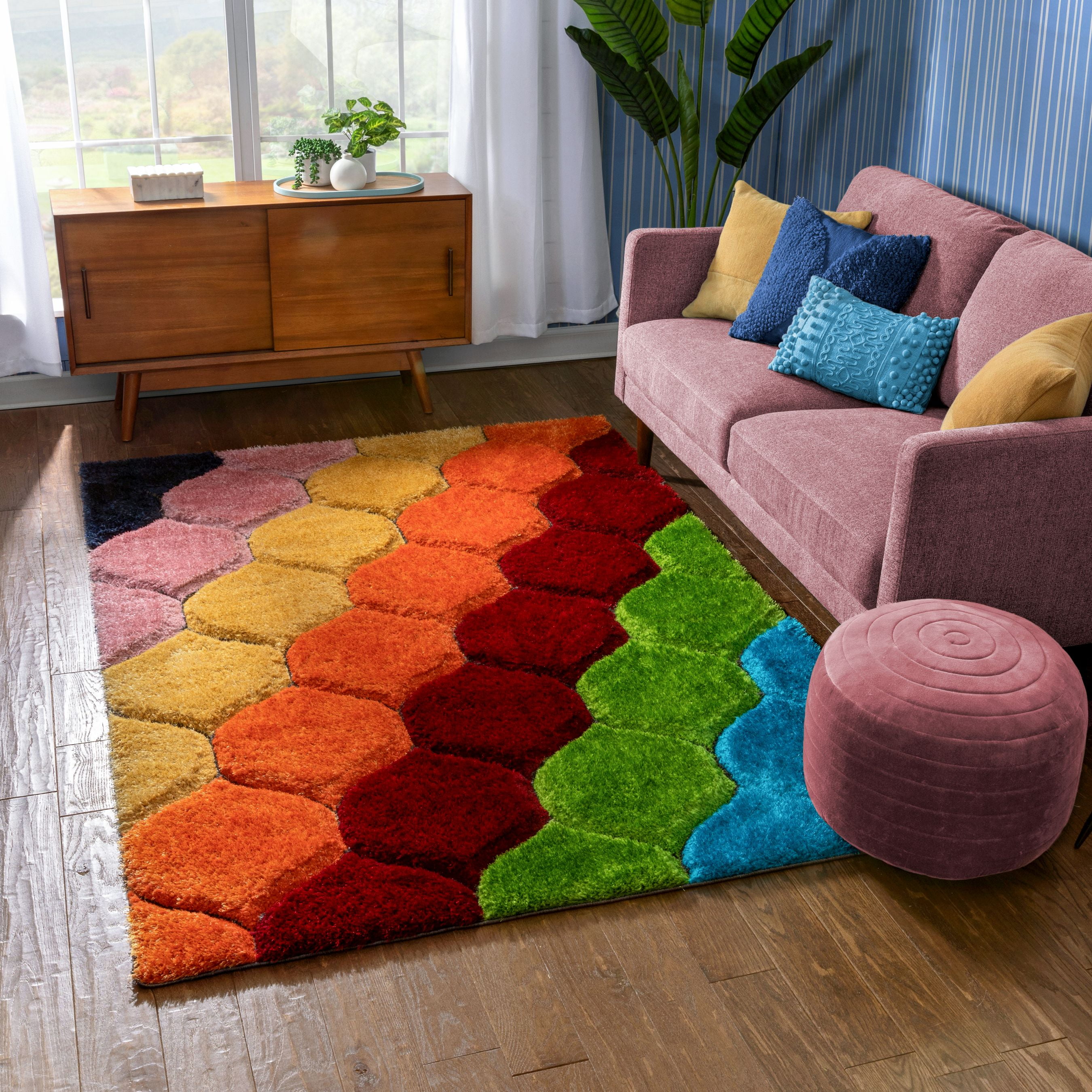 Well Woven San Francisco Rainbow Modern Geometric Shag Multi 3D Textured Thick & Soft Shag 5'3" x 7'3" Runner Area Rug