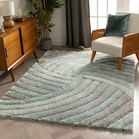 Well Woven San Francisco Ucci Blue Modern Geometric Stripes 5'3" x 7'3" Shag 3D Textured Area Rug