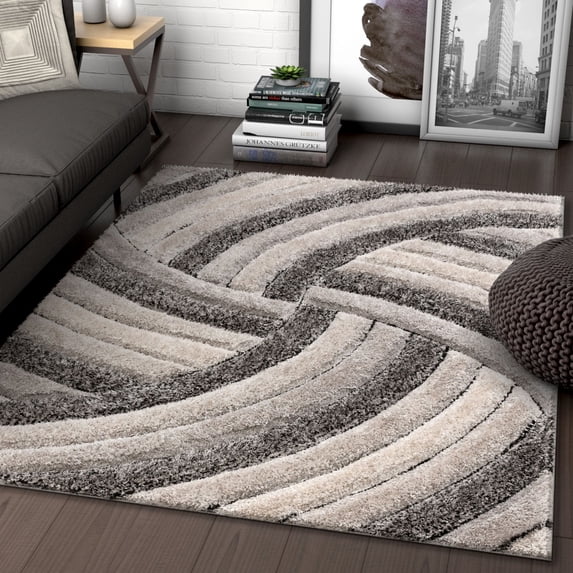 Well Woven San Francisco Ucci Grey Modern Shag Geometric Stripes 9'3" x 12'6" Area Rug