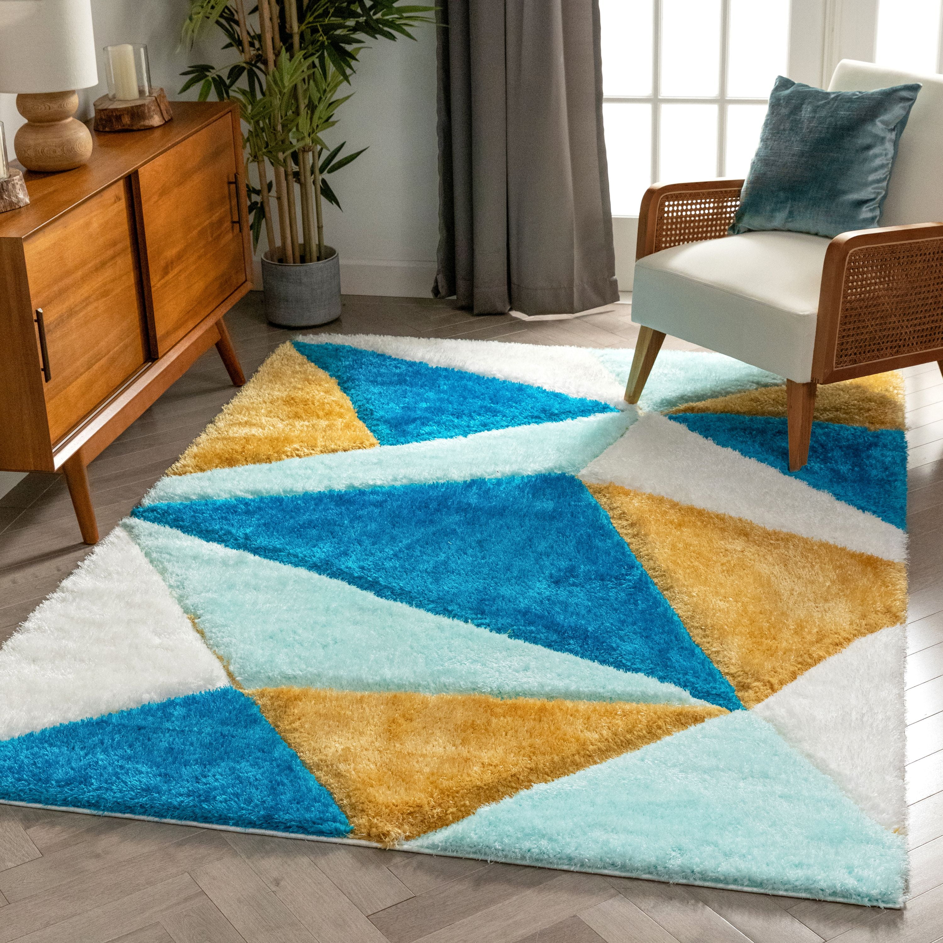 Blue Geometric 5' x 7' Shag Synthetic Area Rug