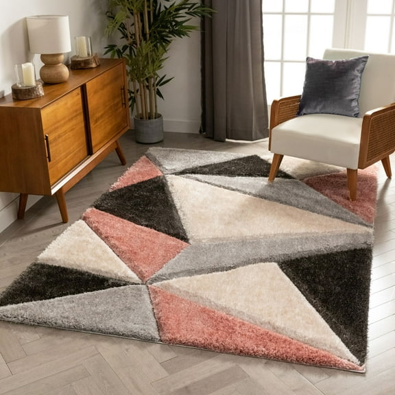 Well Woven San Francisco Venice Blush Modern Geometric Abstract 5'3" x 7'3" Shag 3D Textured Area Rug