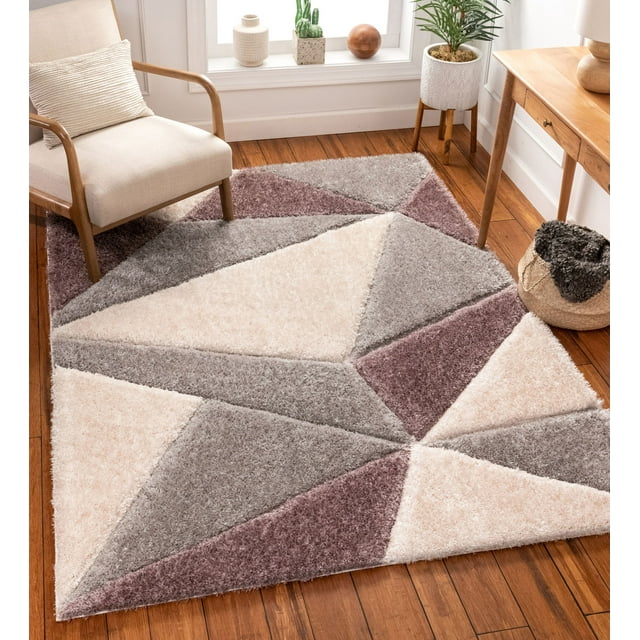 Well Woven San Francisco Venice Purple Modern Geometric Abstract 5'3" x 7'3" Shag 3D Textured Area Rug