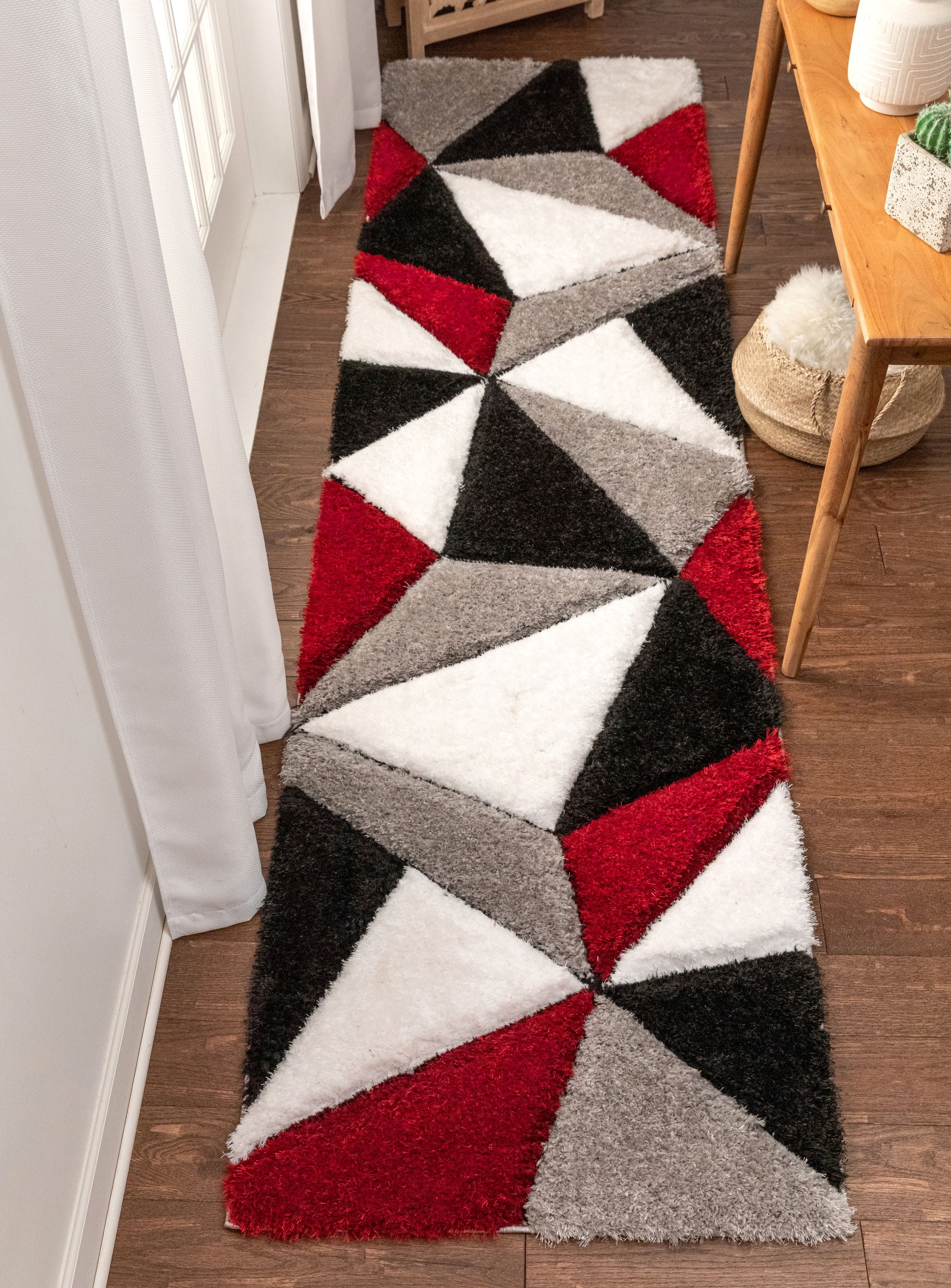 Modern Red Geometric Shag Runner Rug 2'7" x 9'10"