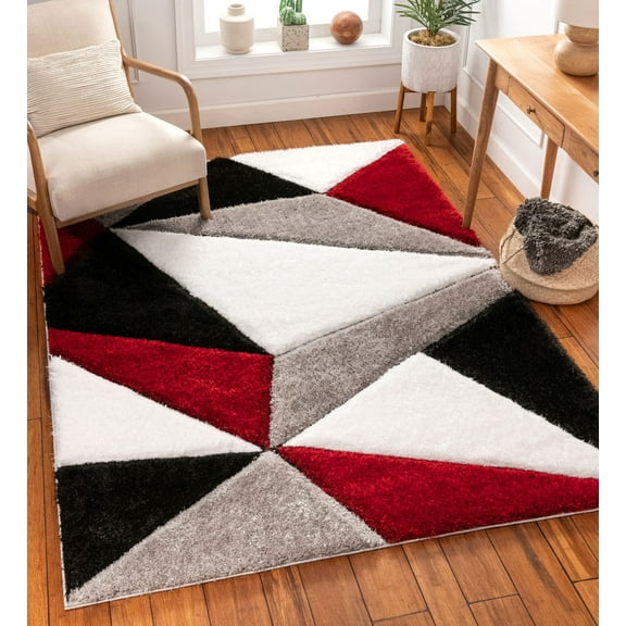 Well Woven San Francisco Venice Red Modern Geometric Abstract 7'10" x 9'10" Shag 3D Textured Area Rug
