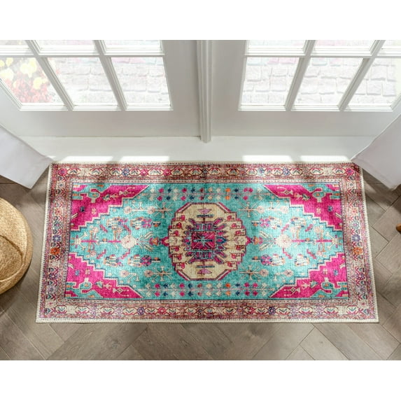 Well Woven Shasta Blue Fuchsia Washable Vintage Style Persian Mat Rug 2x4 (2' x 3'11")