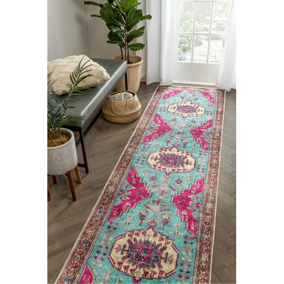 Well Woven Shasta Blue Fuchsia Washable Vintage Style Persian Runner Rug (2'7" x 9'10")