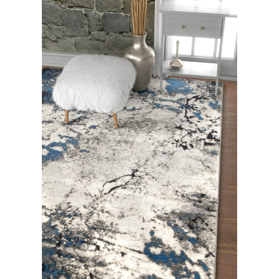 Well Woven Splash Blue & Grey Modern Abstract Geometric Paint Brush Stroke Area Rug Neutral Vintage Thick Soft Plush Shed Free
