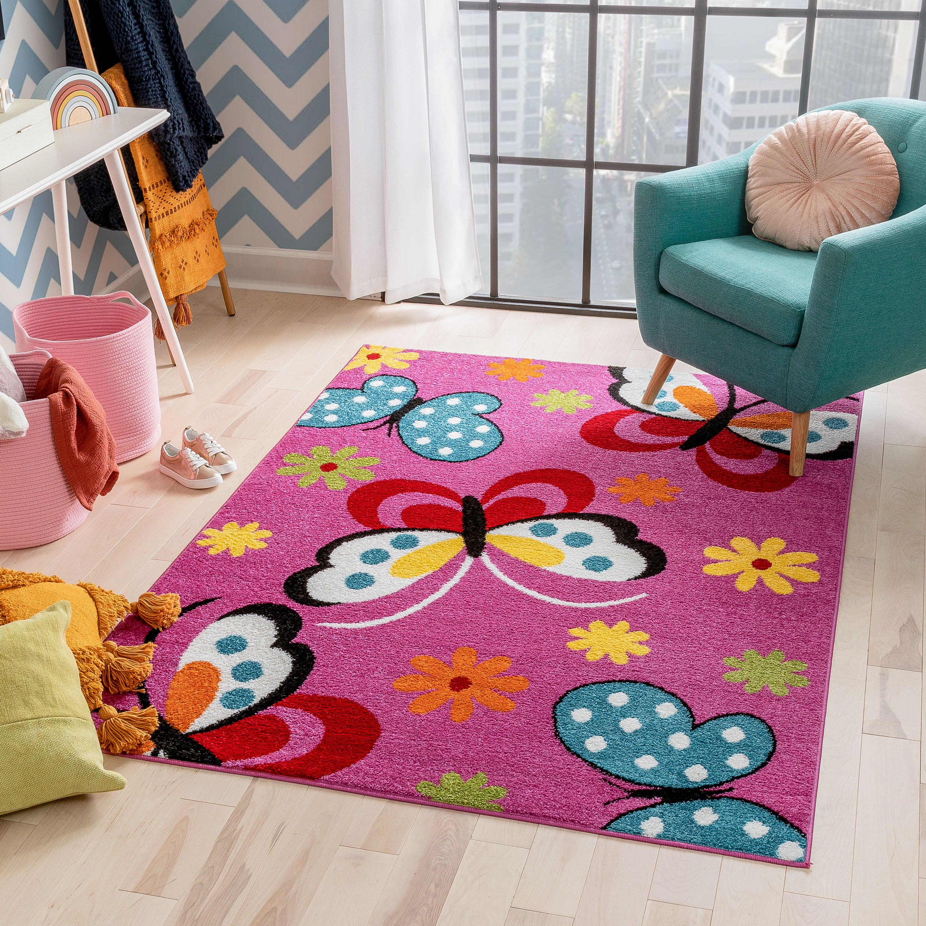 Well Woven Star Bright Daisy Butterflies Kids Area Rug - image 1 of 8