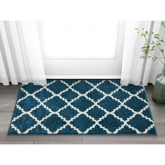 Well Woven Harbor Trellis Dark Blue Quatrefoil Geometric Modern Casual 2x4 (2'3" x 3'11") Easy to Clean Stain Fade Resistant Shed Free Contemporary Traditional Moroccan Lattice Living Dining Room Rug