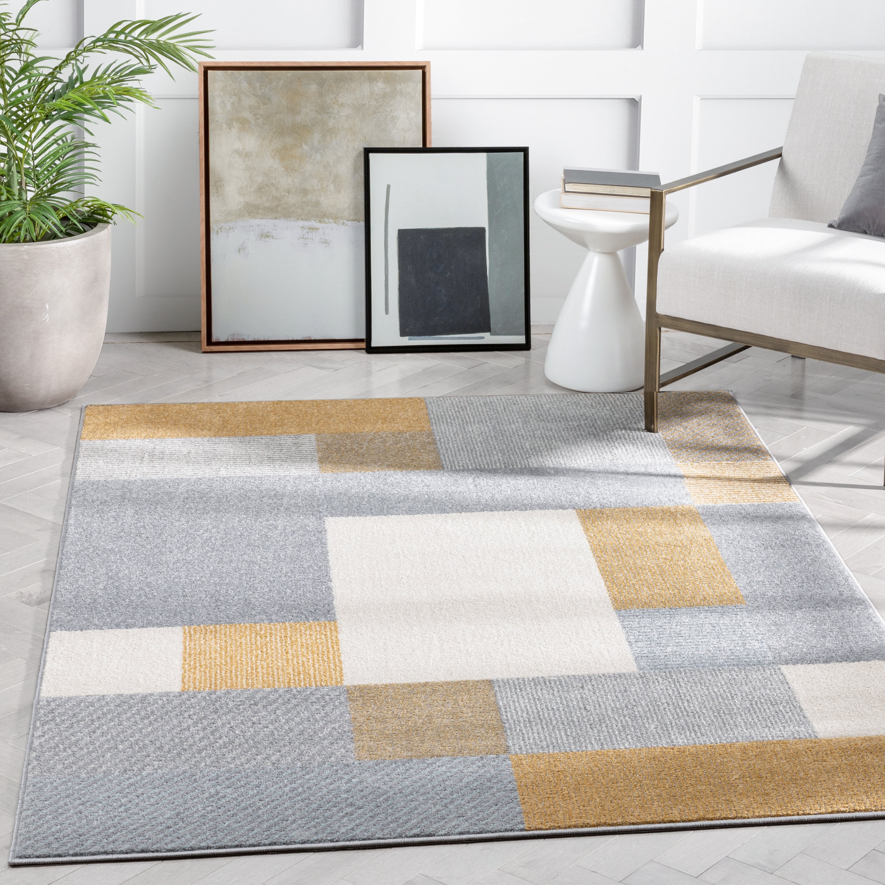 Yellow and Grey Geometric Synthetic Area Rug 5'3" x 7'3"