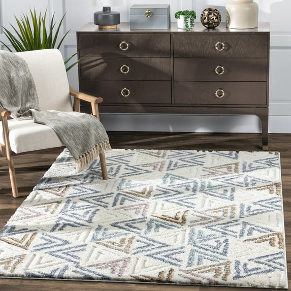 Well Woven Thanatos Scattered Triangles Geometric Modern Multi Color Ivory Blush Blue Ivory Area Rug - Ultra-Soft Yarn, Cut & Loop Pile - For Living Room, Dining Room & Bedroom (5'3" x 7'3")