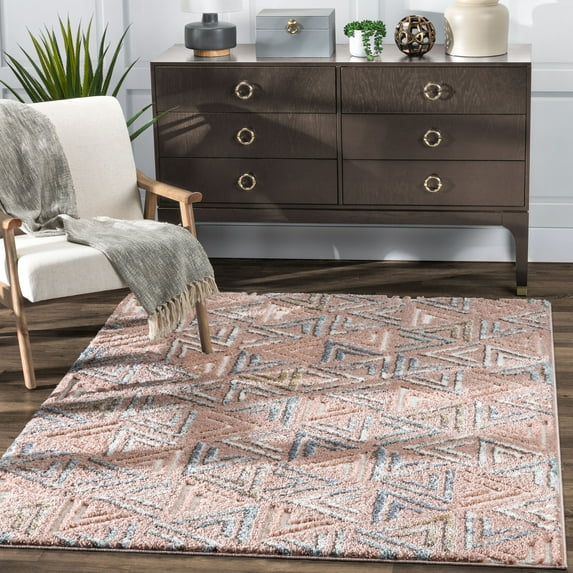 Well Woven Thanatos Triangles Geometric Modern Blush Area Rug - Ultra-Soft Yarn, Cut & Loop Pile - For Living Room, Office & Bedroom (3'11" x 5'3")