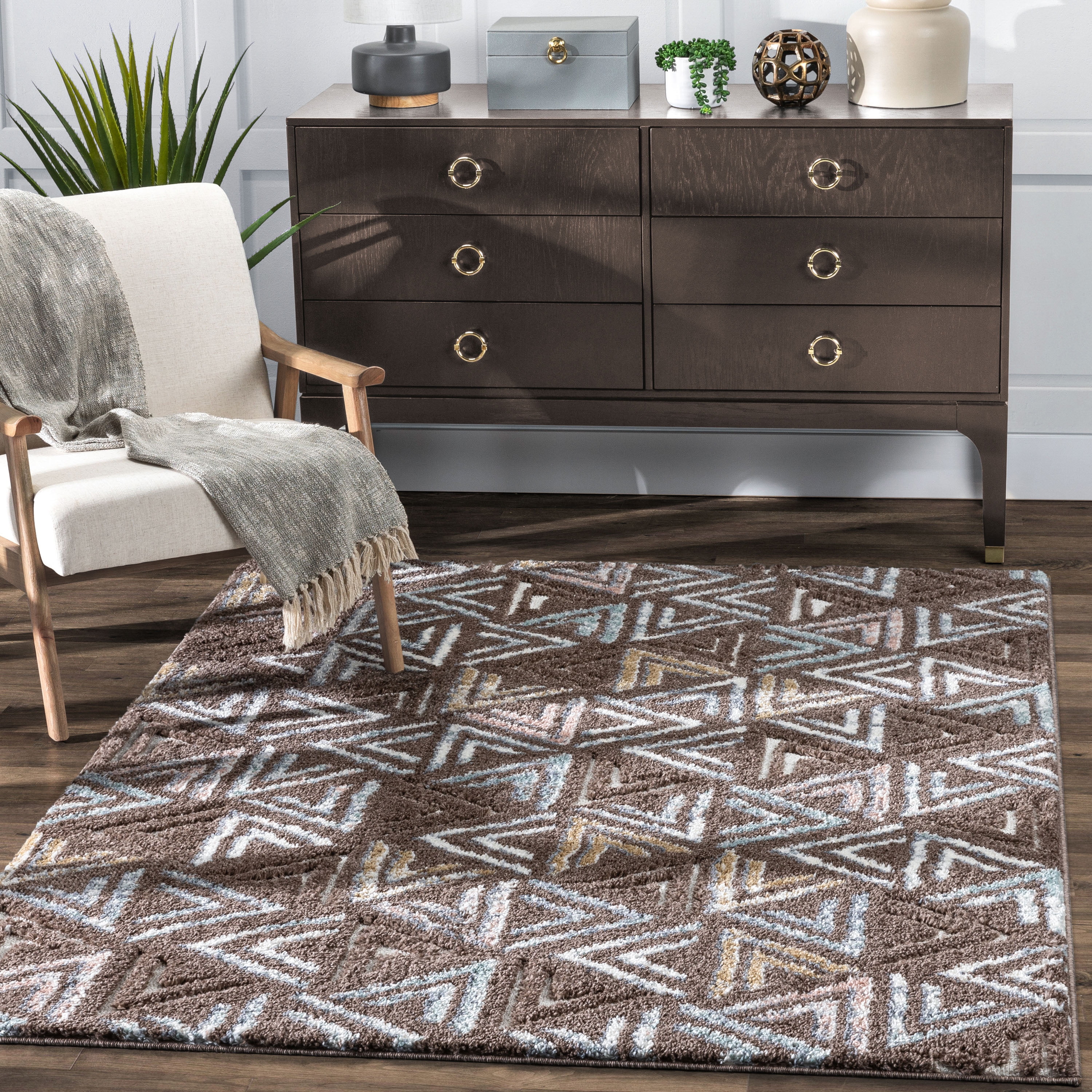 Cozy Boho-Chic Brown Geometric 5' x 7' Shag Area Rug