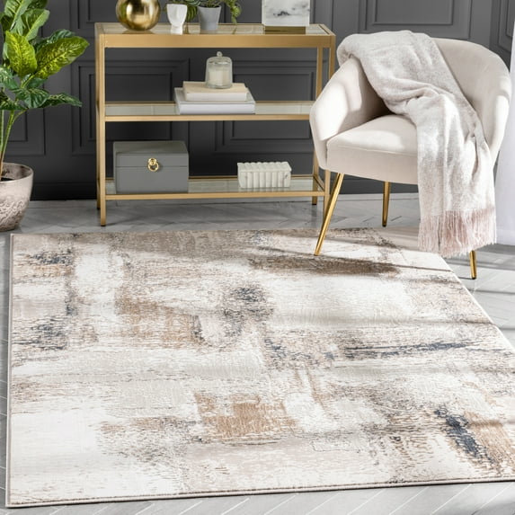 Well Woven Thelina Abstract Ivory Geometric Soft Glam Distressed Area Rug 5x7 (5'3" x 7'3")
