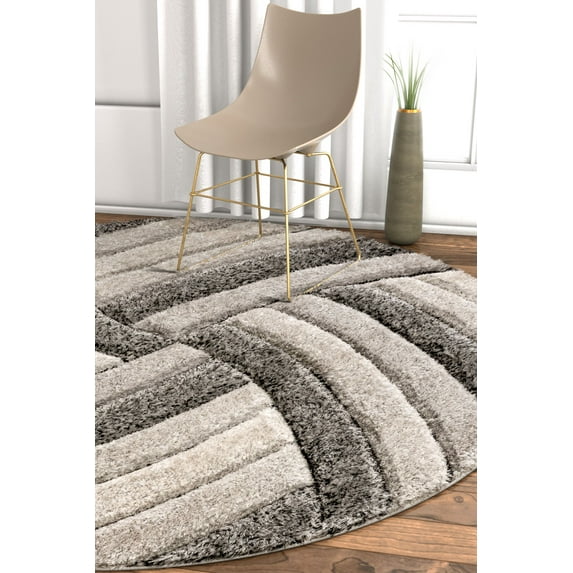 Well Woven Tilly Grey Geometric Stripes Thick Soft Plush 3D Textured Shag Area Rug