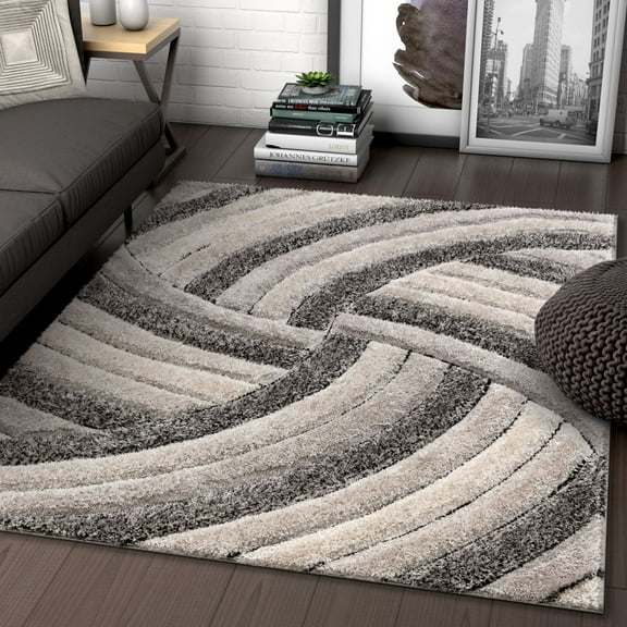Well Woven Tilly Grey Geometric Stripes Thick Soft Plush 3D Textured Shag Area Rug