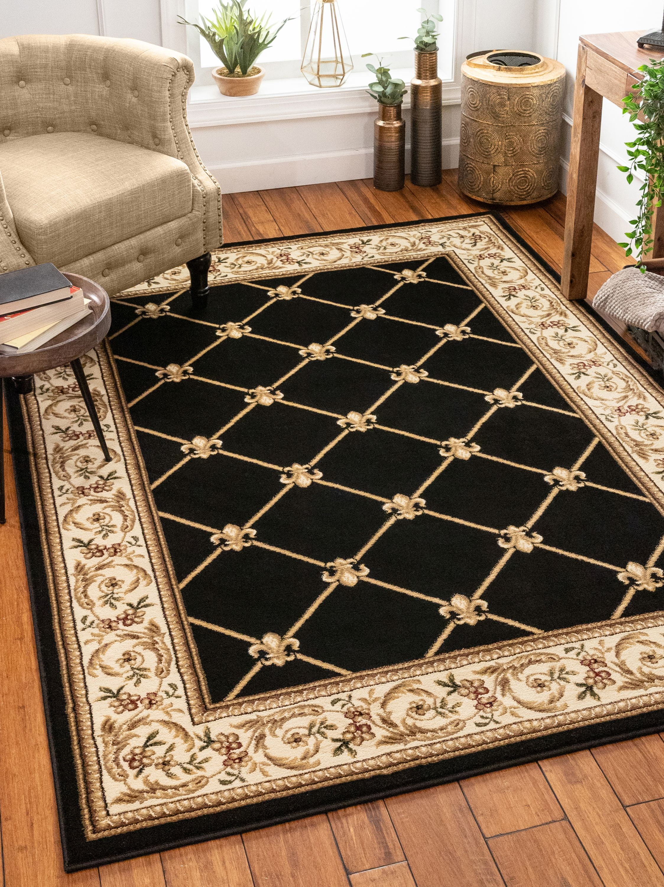 Black and Beige Floral Medallion Synthetic Area Rug