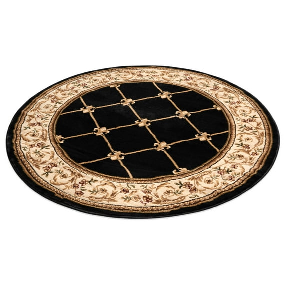 Well Woven Timeless Fleur De Lis Trellis Floral Border Black 5'3" Round Area Rug