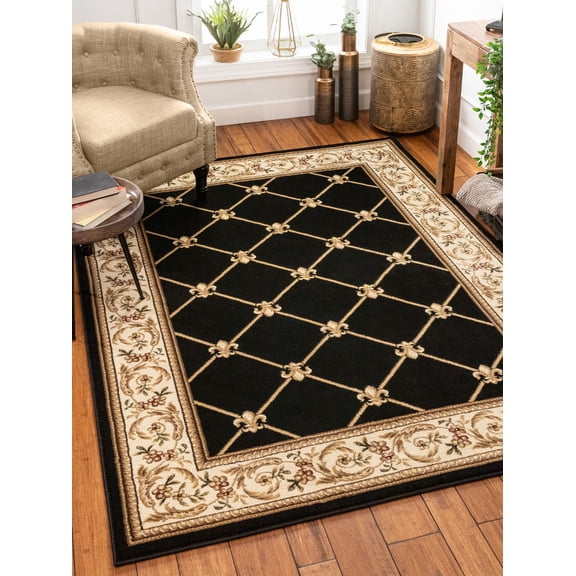 Well Woven Timeless Fleur De Lis Trellis Floral Border Black 7'10" x 10'6" Area Rug
