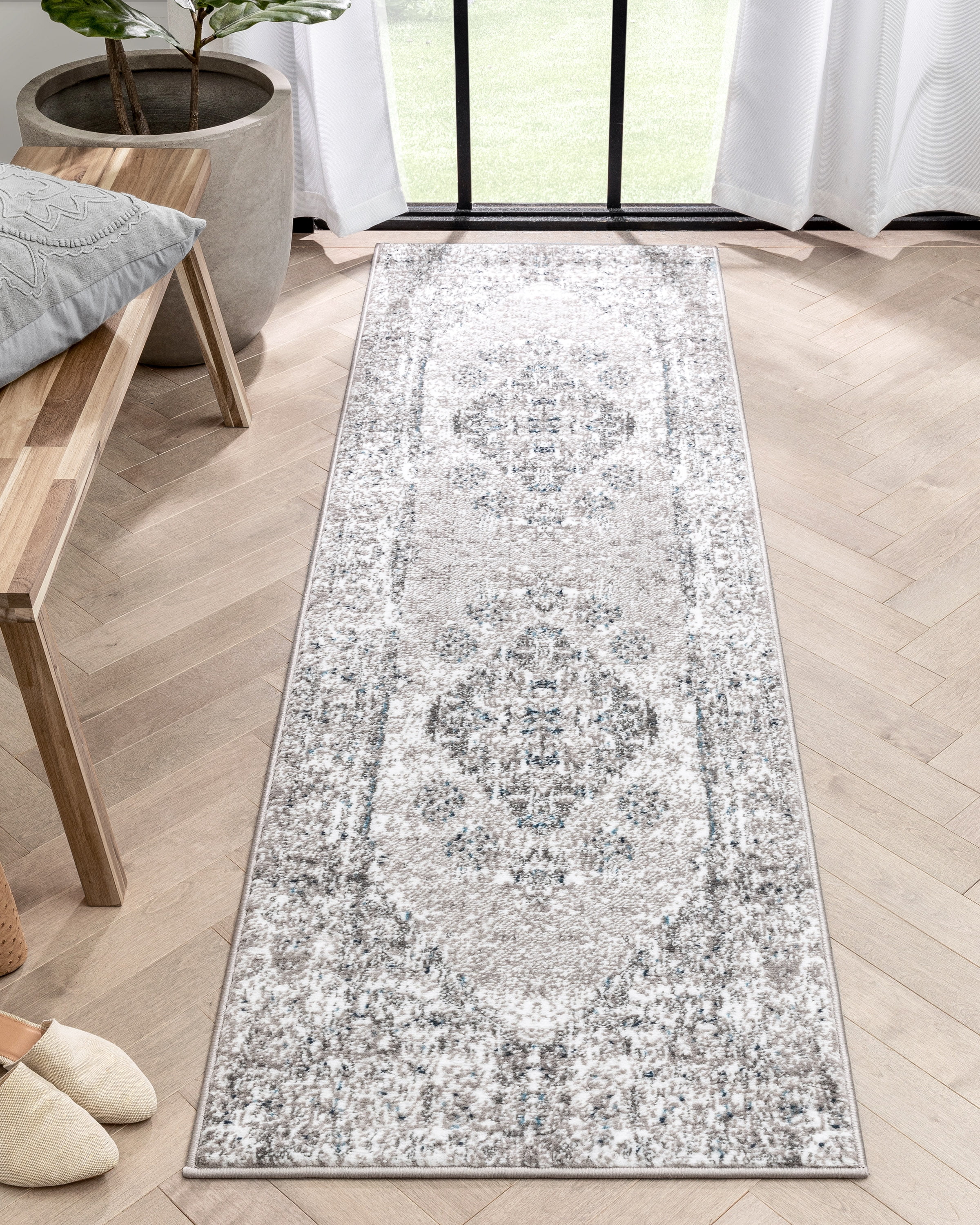 Well Woven Tresse Ivory Grey Traditional Oriental Medallion Floral Runner Rug 2x7 (2'3" x 7'3")