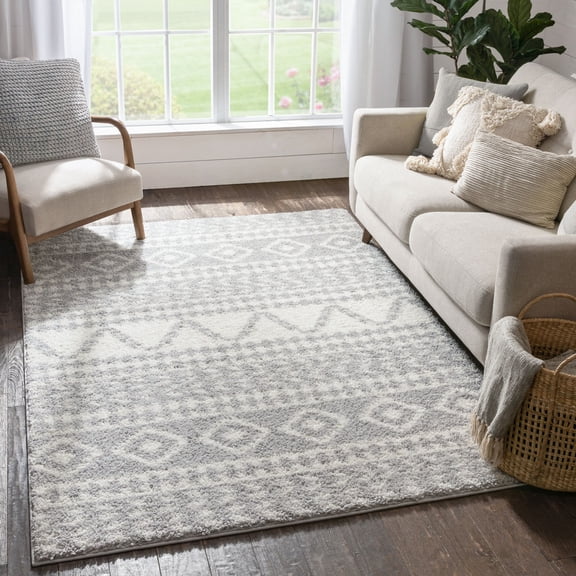 Well Woven Tribal Diamond Stripes Grey Soft Shag Area Rug