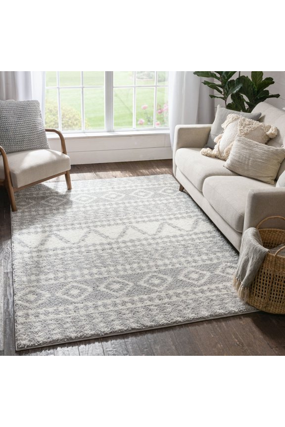 Tribal Diamond Stripes Grey Soft Shag Area Rug