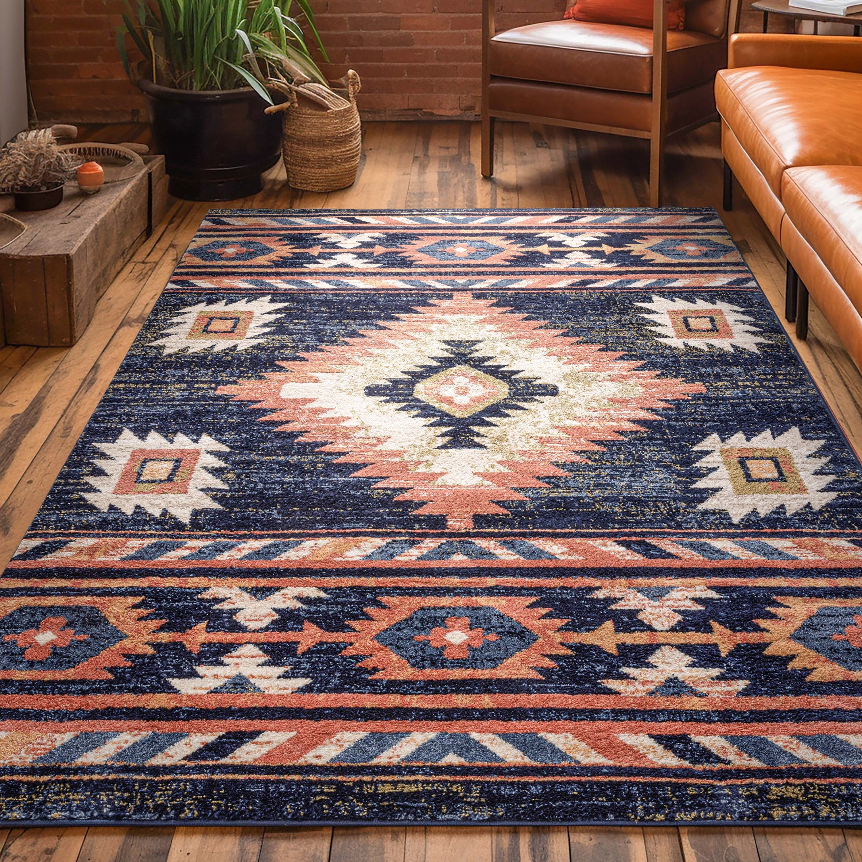 Blue and Beige Southwestern Synthetic Area Rug 6'7" x 9'3"