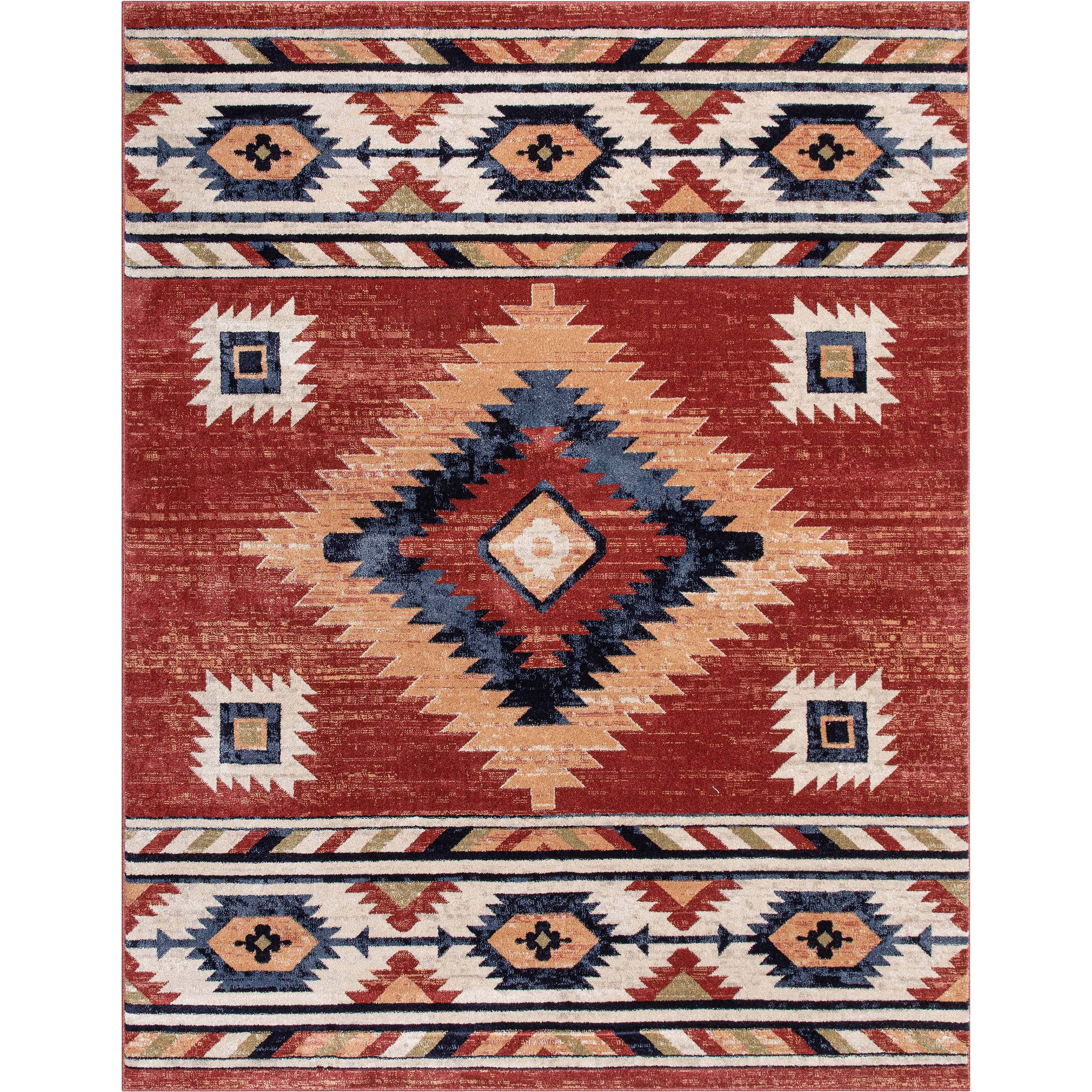 Crimson and Beige Synthetic Southwest Print Rectangular Area Rug