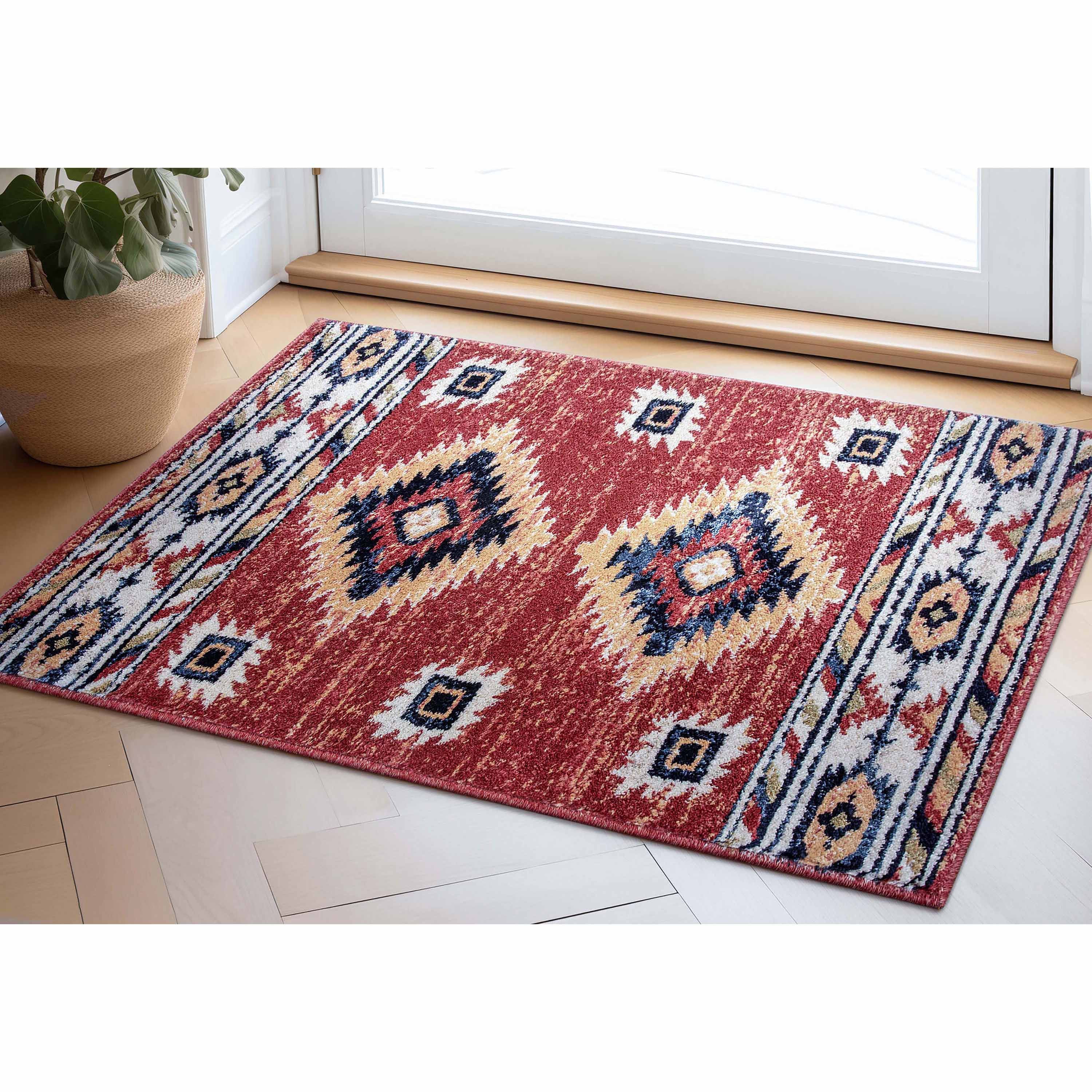 Crimson and Blue Southwestern Tribal Rectangular Rug