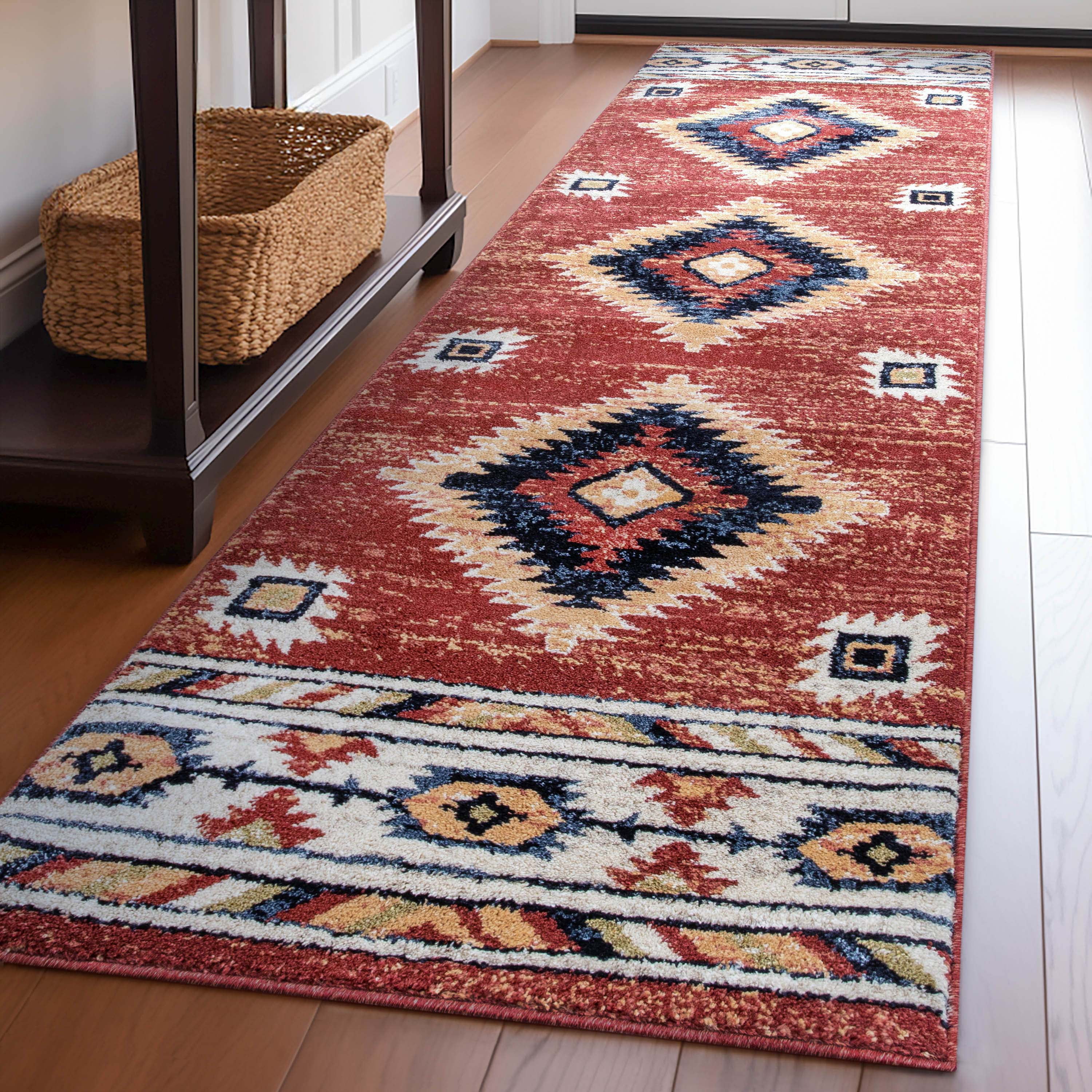 Crimson and Ivory Synthetic Southwestern Runner Rug 2'7" x 9'10"