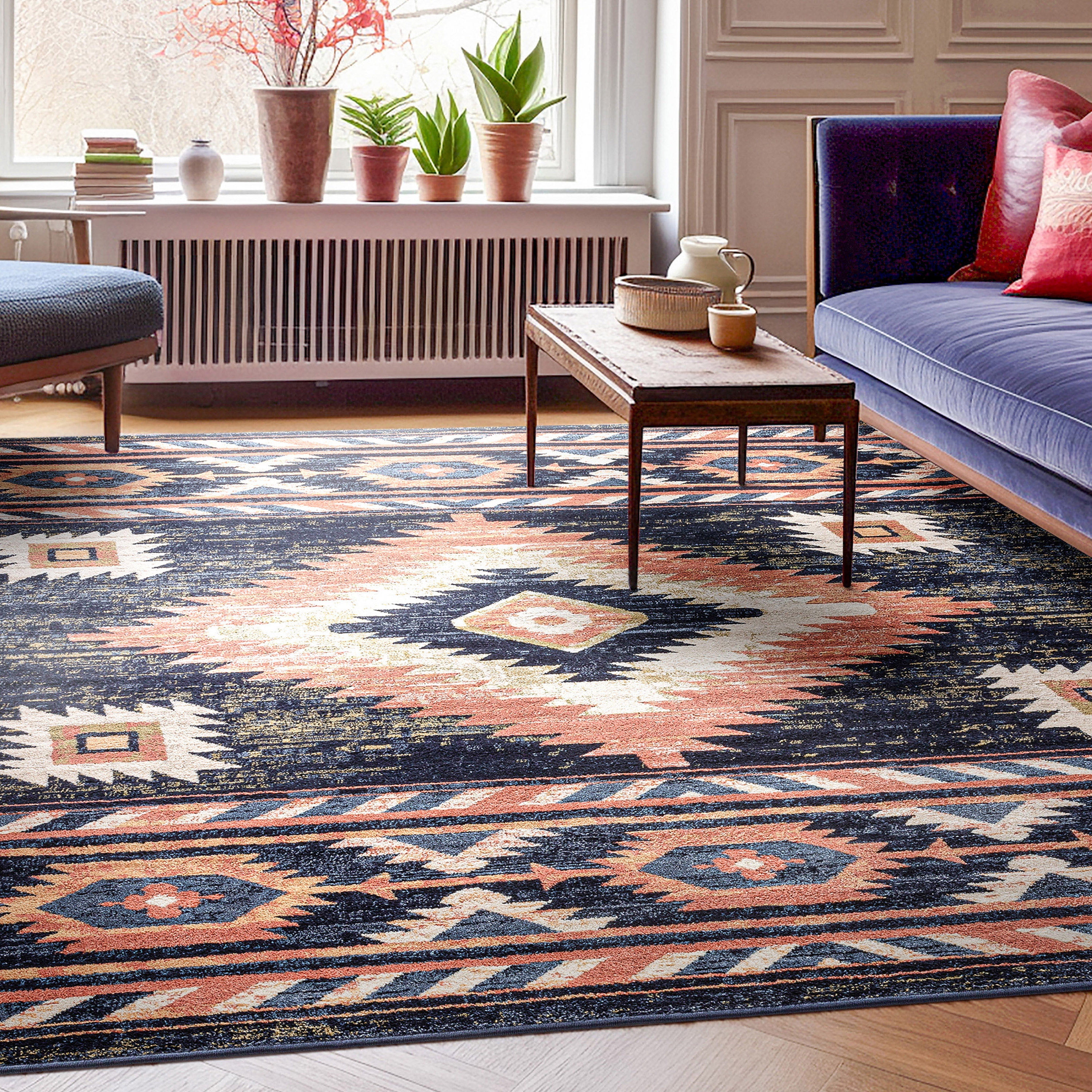 Blue Southwestern Tribal Synthetic 8' x 10' Reversible Area Rug