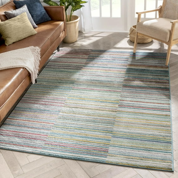 Well Woven Tulsa Nampa Contemporary Geometric Stripes Green Blue 2'3" x 7'3" Runner Area Rug