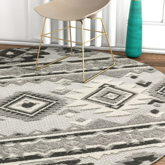 Well Woven Tuscon Grey Indoor/Outdoor Southwestern Geometric Medallion 3'11" Round Area Rug