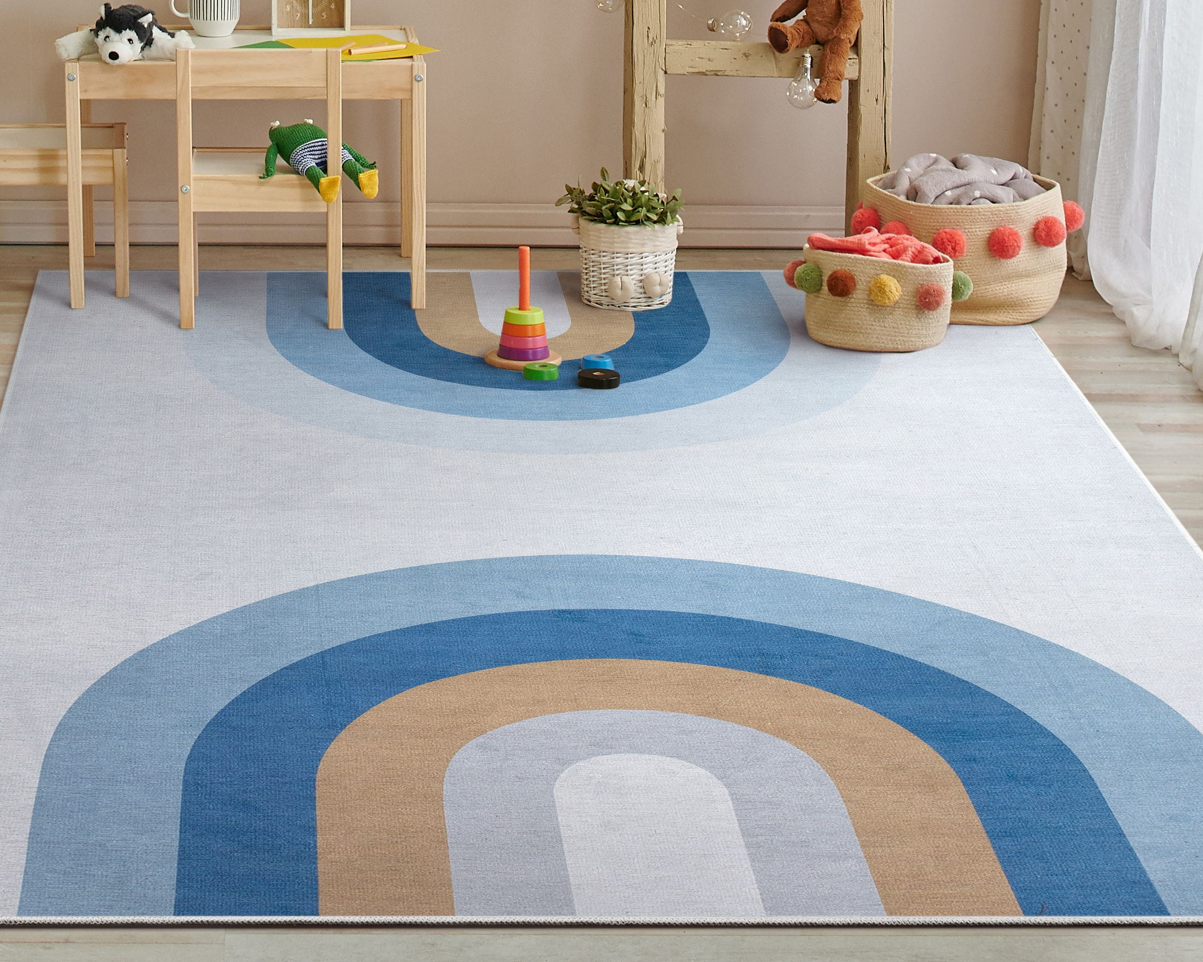 Blue Chenille Synthetic Flat Woven Kids Rug 5' x 7'