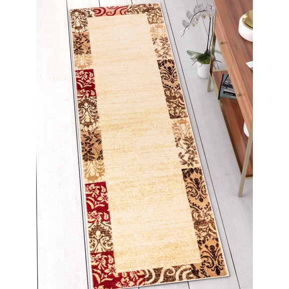 Well Woven Verdant Vines Modern Damask Border Rug Casual Oriental Easy Clean Stain Fade Resistant Shed Free Contemporary Floral Formal Gradient Soft Living Dining Room Rug