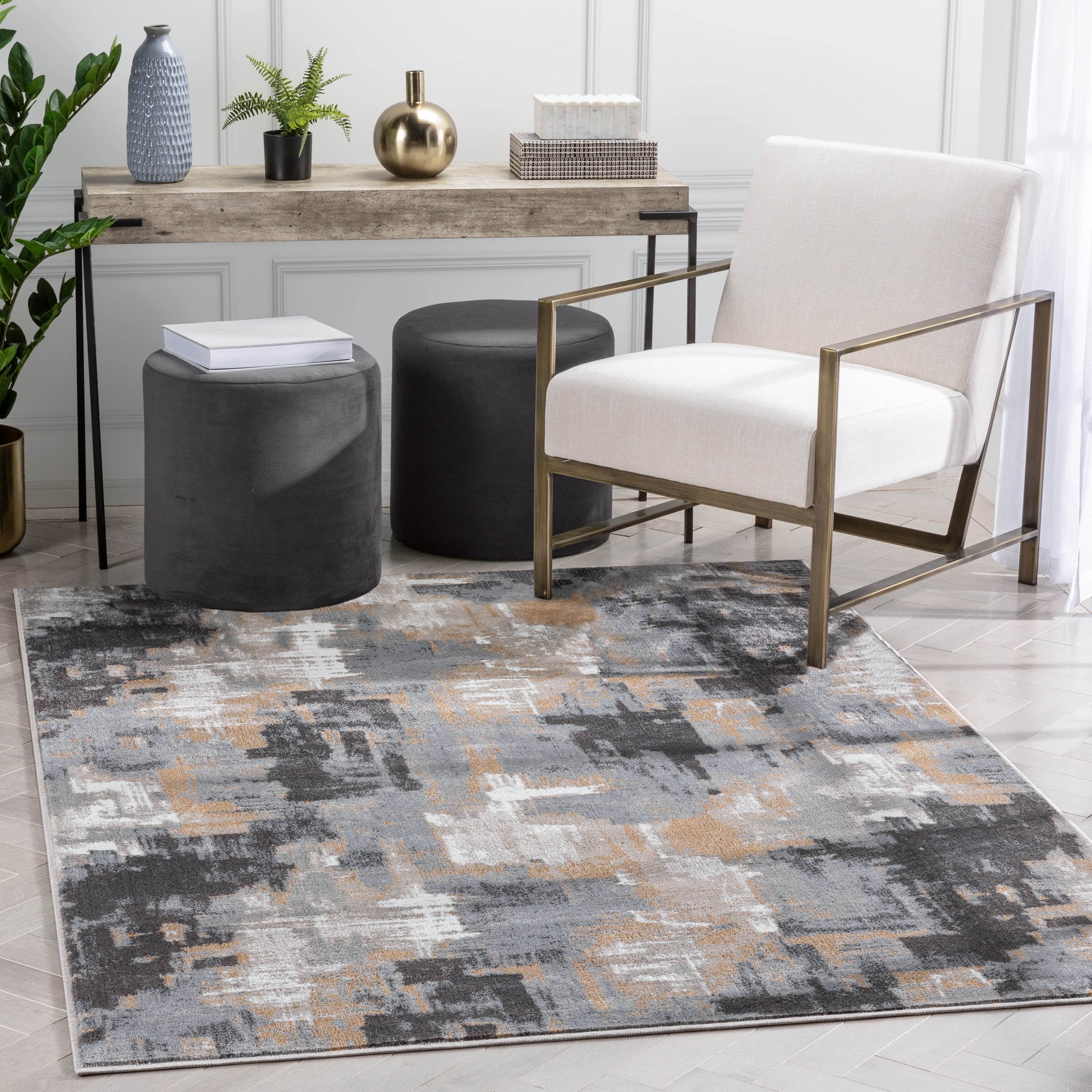 Well Woven Verity Abstract Area Rug, 3.92' x 5.25', Eclectic Geometric Pattern, Soft, Glam Pile, Distressed Design & Modern Color Palette