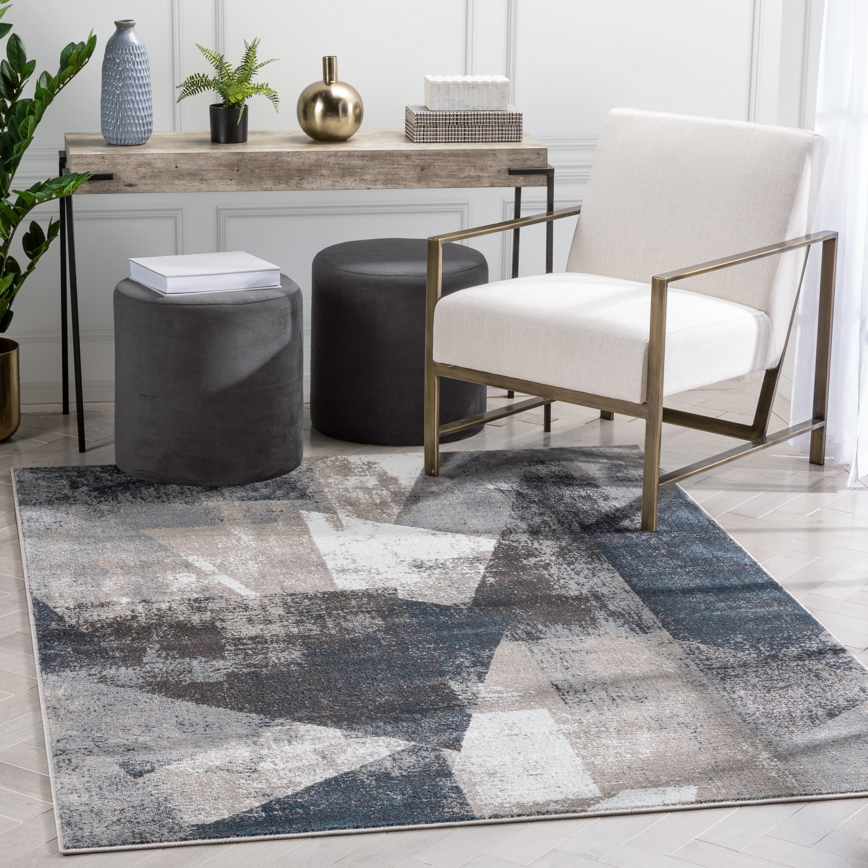 Gray Abstract Geometric Polyester Area Rug, 3'11" x 5'3"