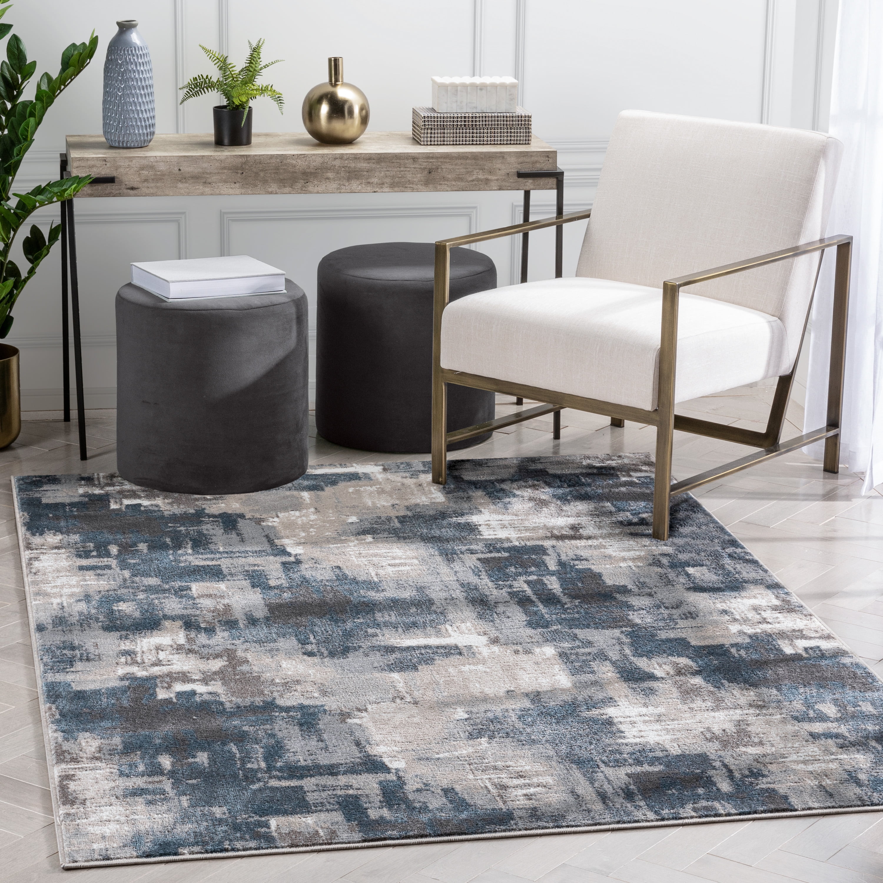 Verity Grey Blue Abstract 5' x 7' Synthetic Area Rug