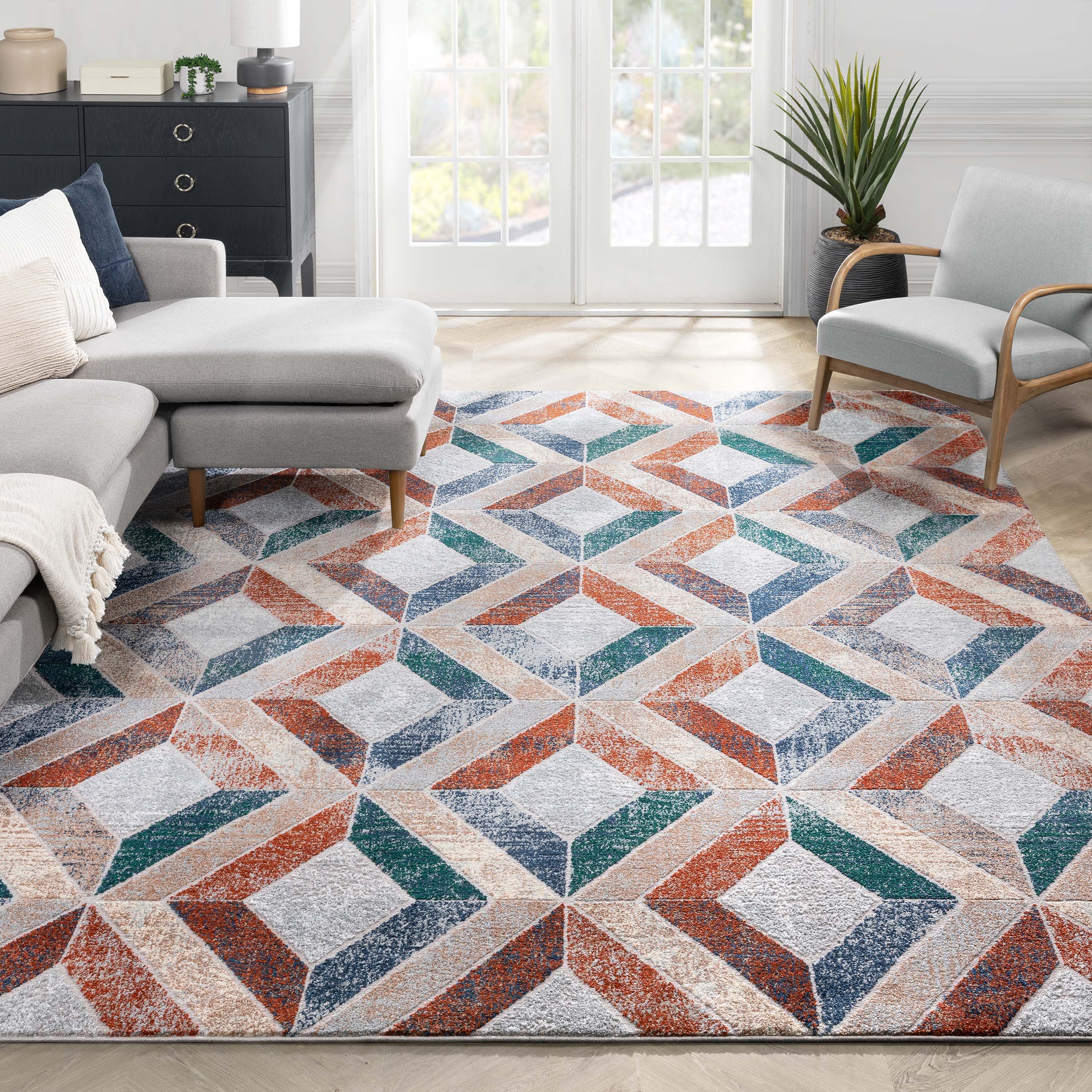 Geometric Blue and Orange Synthetic Area Rug, 5'3" x 7'3"
