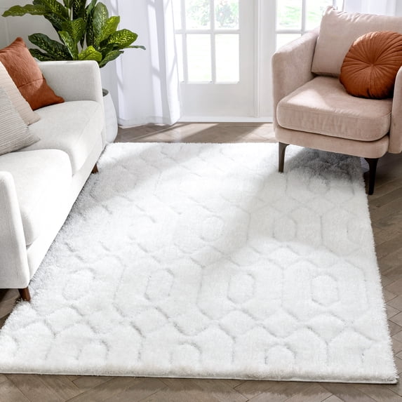 Well Woven Waina Ivory & Thick & Soft Geometric Shag Area Rug 5x7 (5'3" x 7'3")