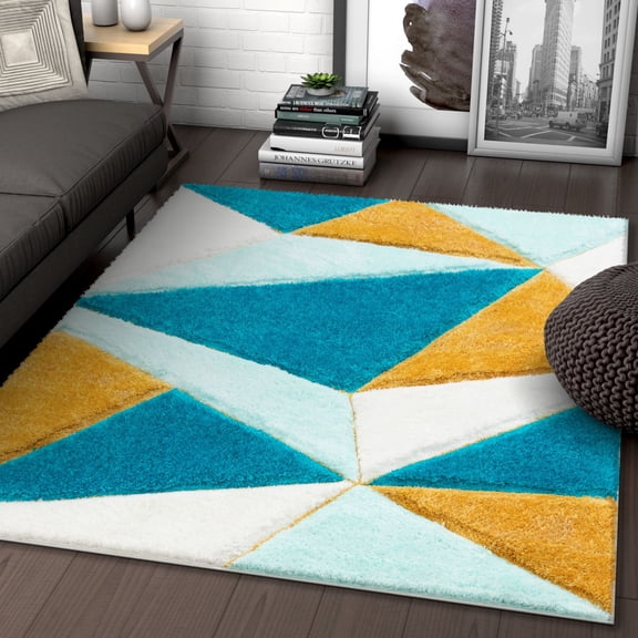 Well Woven Walker Blue Triangle Boxes Thick Soft Plush 3D Textured Shag Area Rug