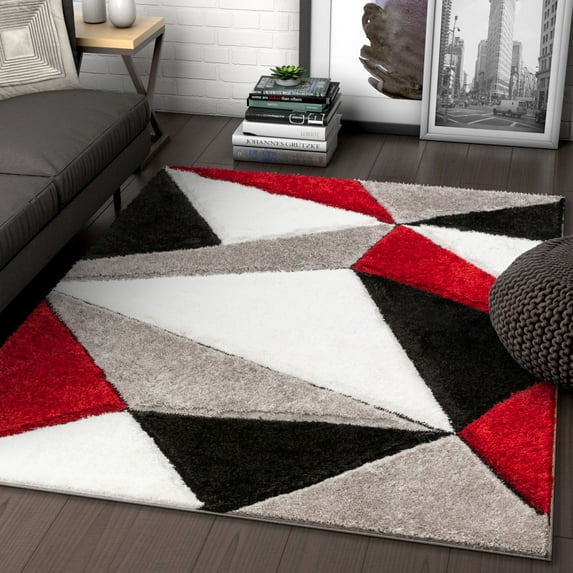 Well Woven Walker Red Triangle Boxes Thick Soft Plush 3D Textured Shag 3'11" x 5'3" Area Rug