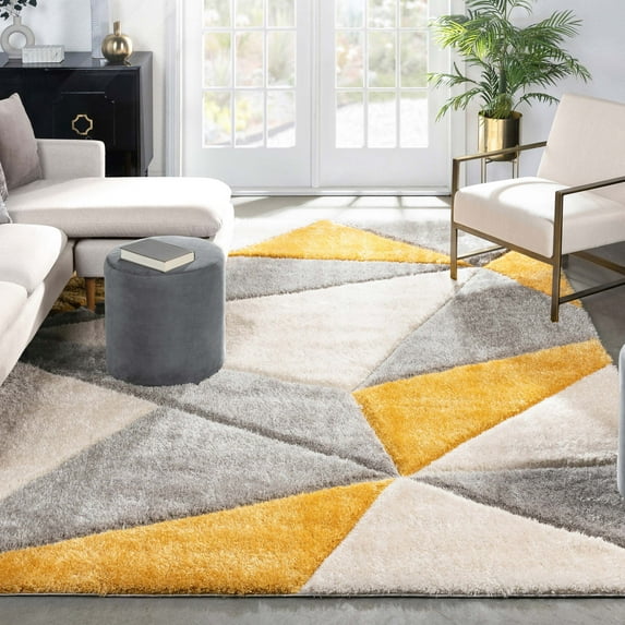 Well Woven Walker Yellow Triangle Boxes Thick Soft Plush 3D Textured Shag Area Rug 5x7 (5'3" x 7'3")