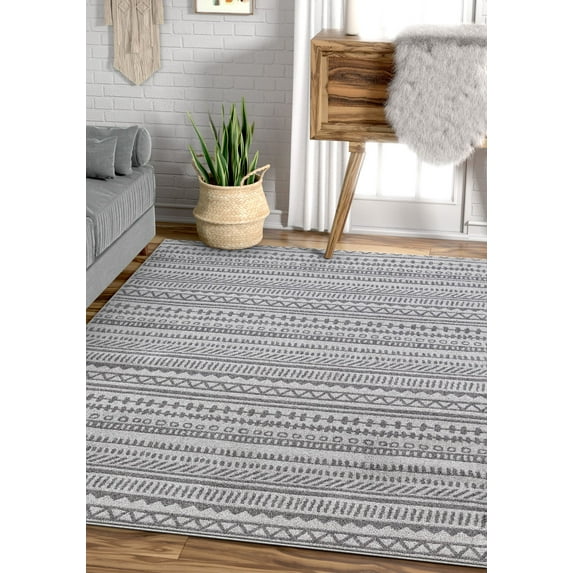 Well Woven Weston Charcoal Grey Tribal Diamonda Striped Pattern Area Rug