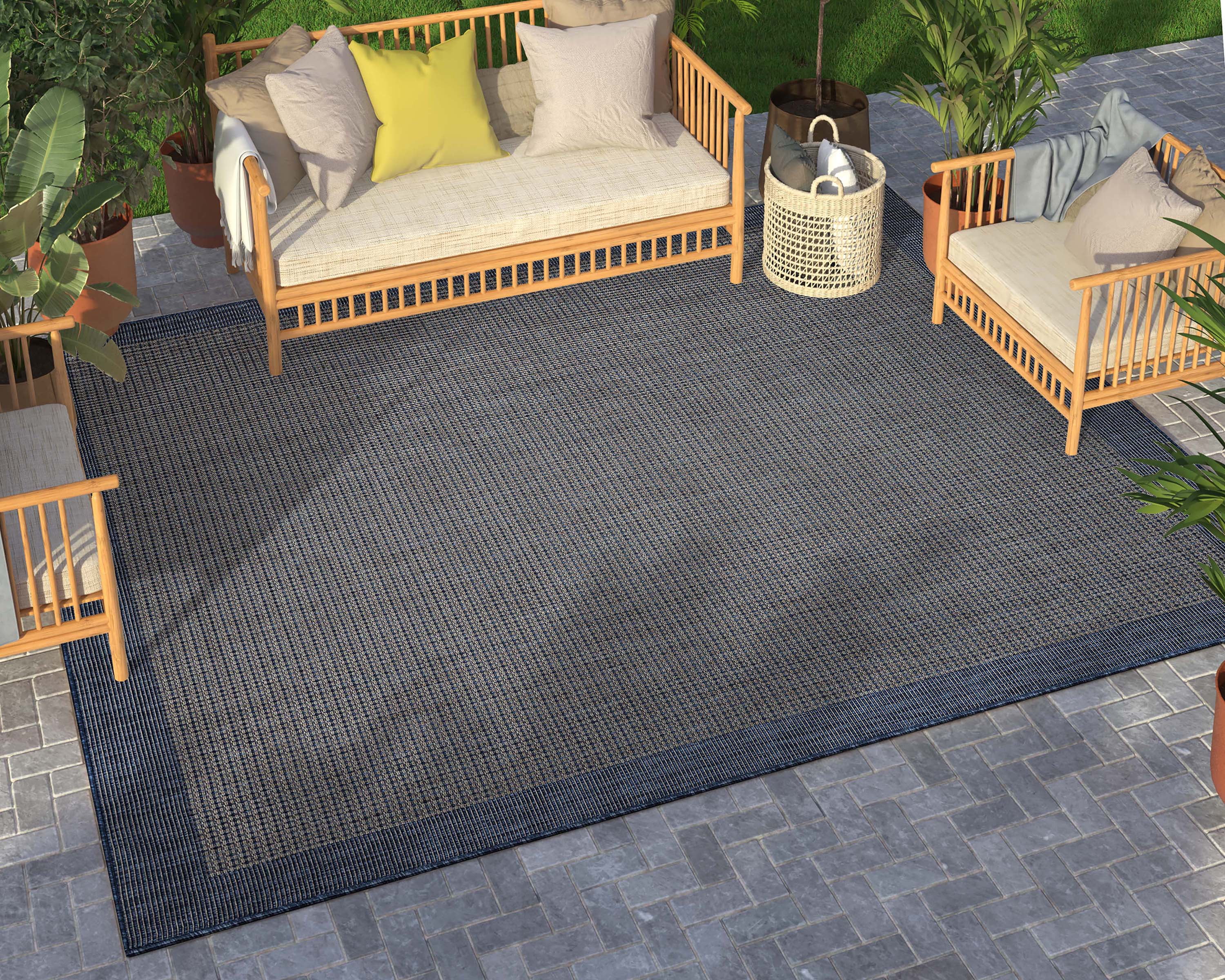 Well Woven Woden Blue Indoor/Outdoor Solid Color Border (9'3