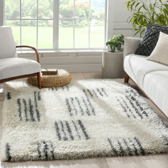 Well Woven Yanka Ivory Super Thick Tribal Geometric Shag Area Rug 3x5 (3'11" x 5'3")