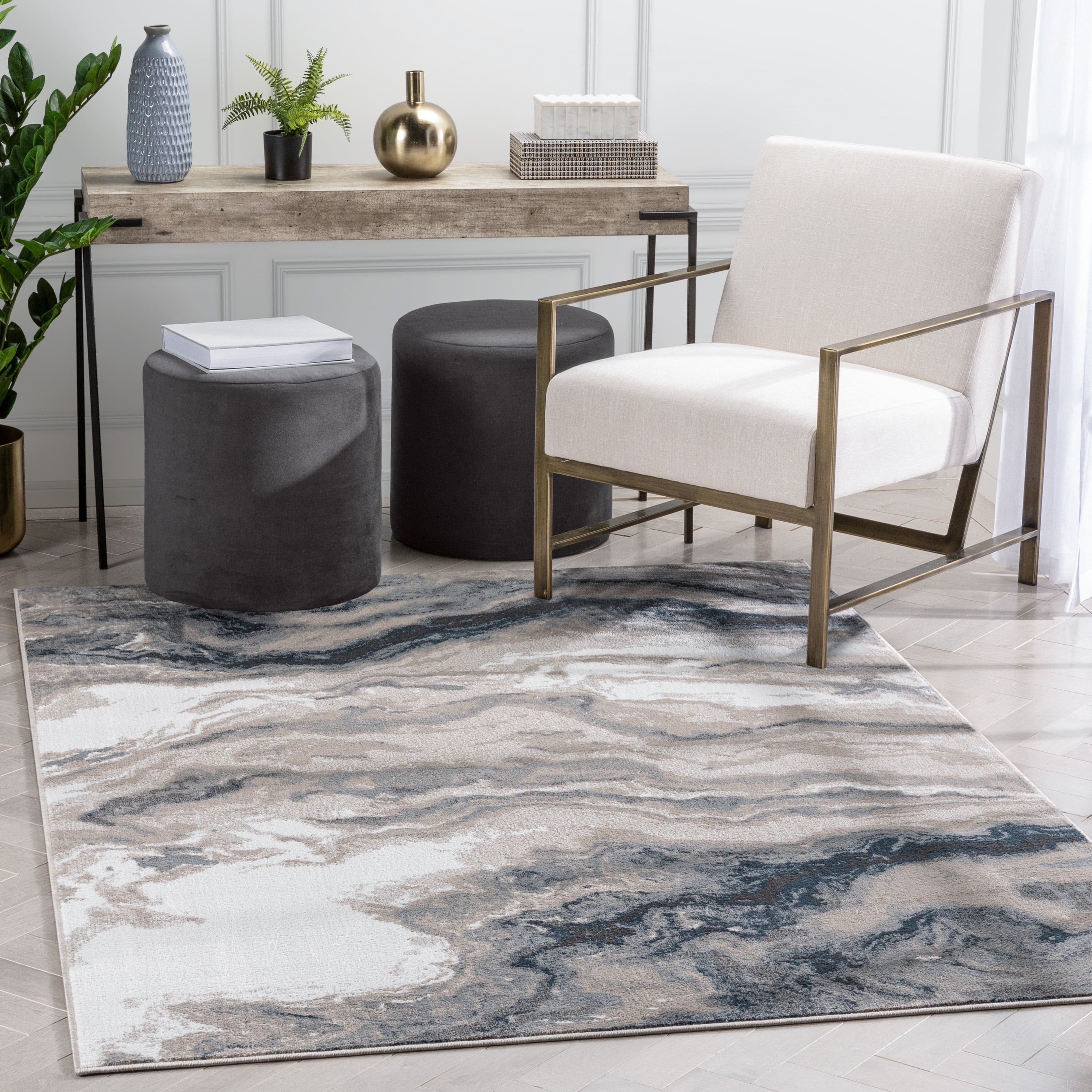 Gray Abstract Synthetic Reversible Area Rug, 3'11" x 5'3"