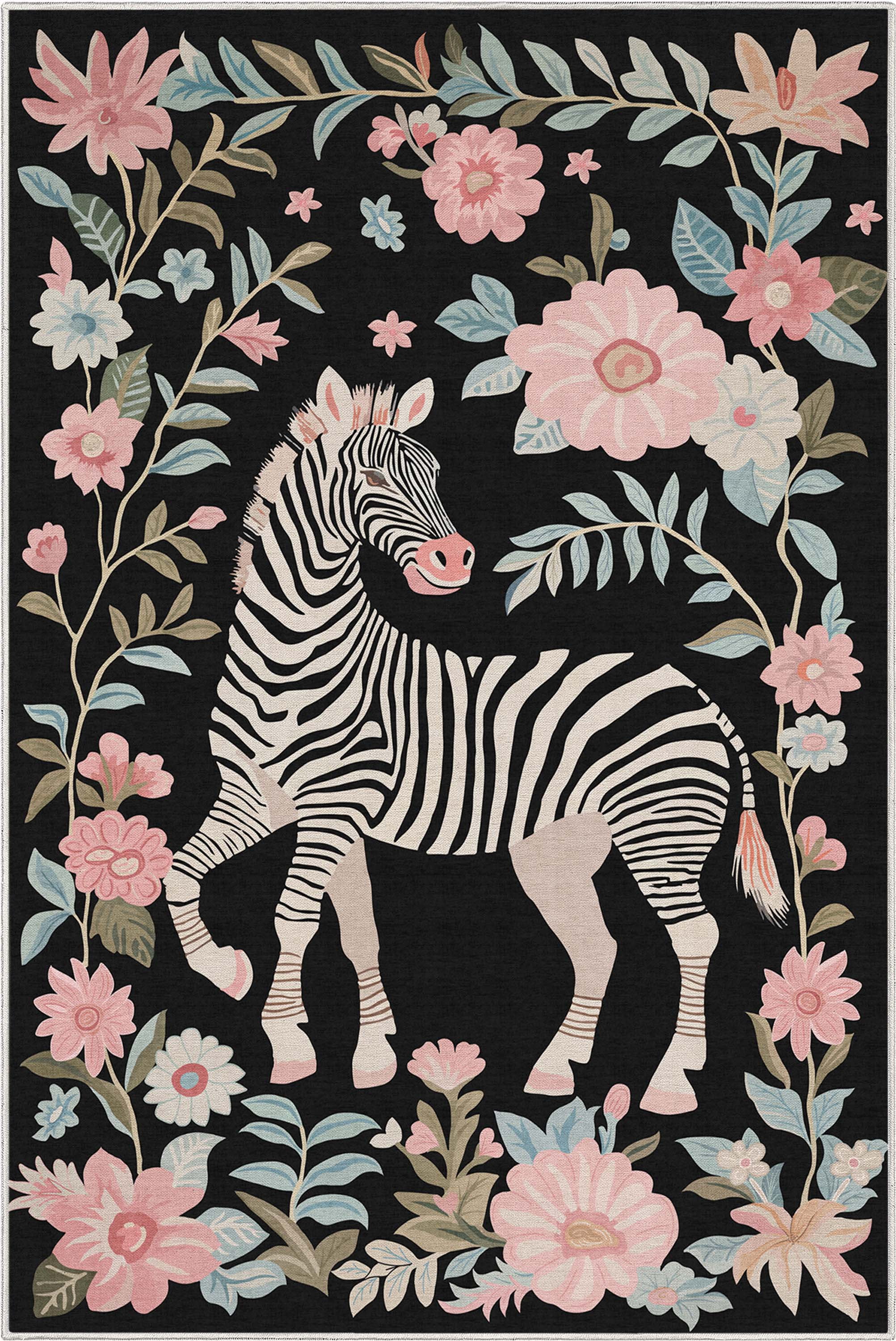 Well Woven Zebra Floral 5'3" x 7'3" Rug – Black, Stain-Resistant & Easy to Clean